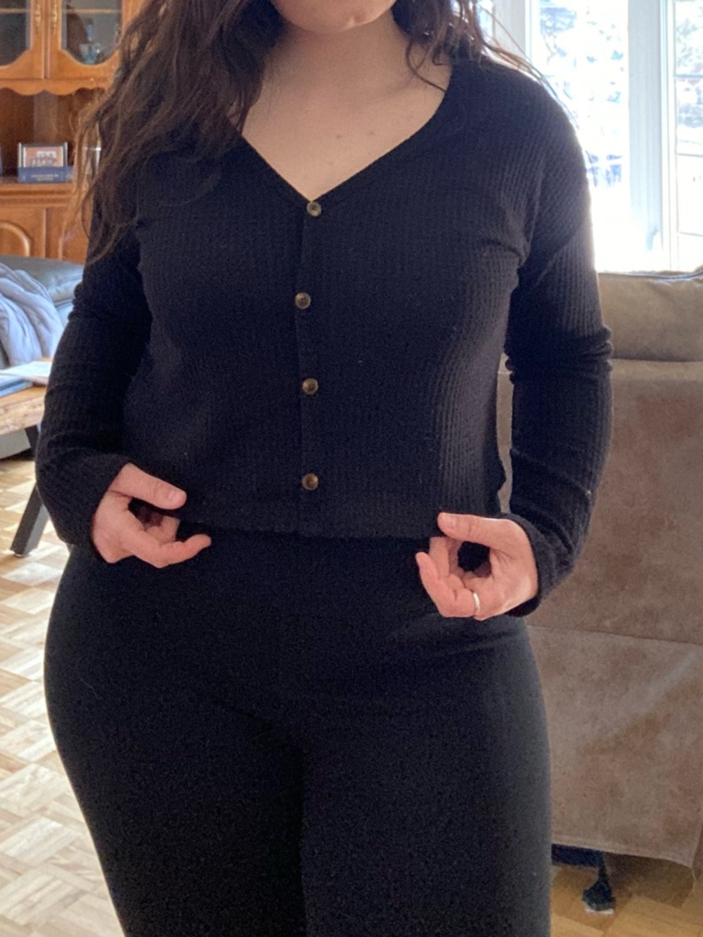 Caution To The Wind Black Button-Front Waffle Knit Cardigan
